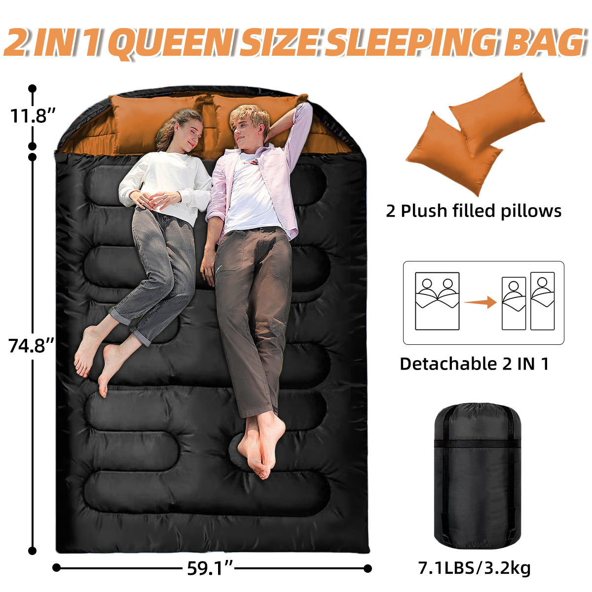 Double Sleeping Bags for Adults, 2 Person Camping Sleeping Bag for Cold Weather & Warm, Queen Size Sleeping Bag with 2 Pillow, Sleep Bag for Camping, Hiking, Backpacking