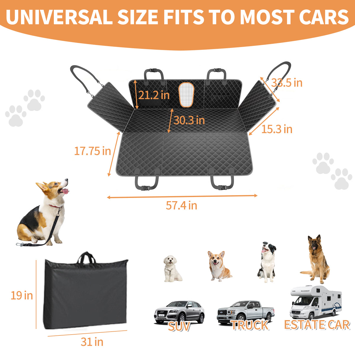 Dog Car Seat Cover for Back Seat,Icy & Warm Reversible Hard Bottom Car Seat Cover for Dogs, Waterproof Backseat Extender for Dogs Can Withstand 220lbs, Suitable for Truck & SUV