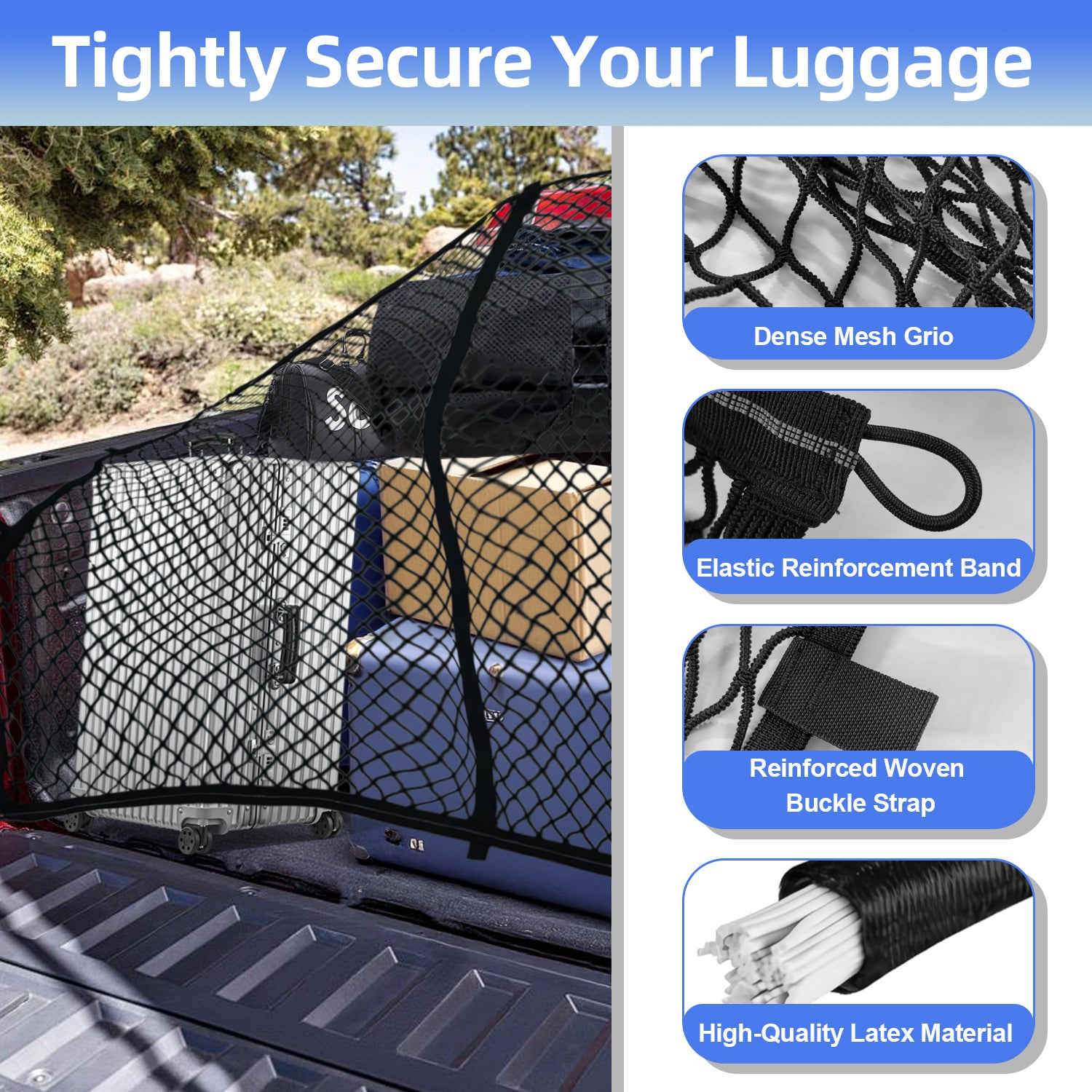 Cargo Net for Pickup Truck Bed, High Elastic Truck Netting for Cargo, Mesh Organizer 4'x 4' Stretching to 8 'x 8' with 10 Mountaineering Buckles, Compatible with Truck, Trailer, Pickup, GMC, SUV