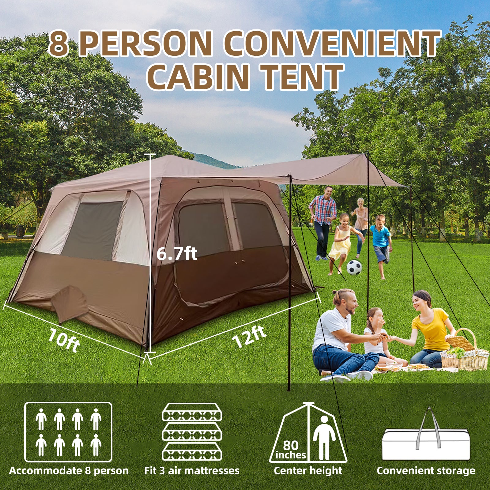 8 Person Instant Cabin Tents, Large Waterproof Tents for Camping, Family Tent Include Pre Installed Pole for Easy Installation, Storage Bag, Rainfly, 2 Mesh Door, Big Tent for Picnic, Hiking Party