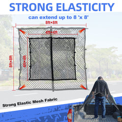 Cargo Net for Pickup Truck Bed, High Elastic Truck Netting for Cargo, Mesh Organizer 4'x 4' Stretching to 8 'x 8' with 10 Mountaineering Buckles, Compatible with Truck, Trailer, Pickup, GMC, SUV