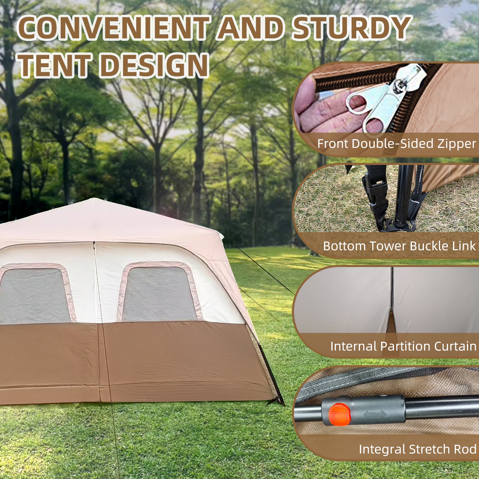 8 Person Instant Cabin Tents, Large Waterproof Tents for Camping, Family Tent Include Pre Installed Pole for Easy Installation, Storage Bag, Rainfly, 2 Mesh Door, Big Tent for Picnic, Hiking Party