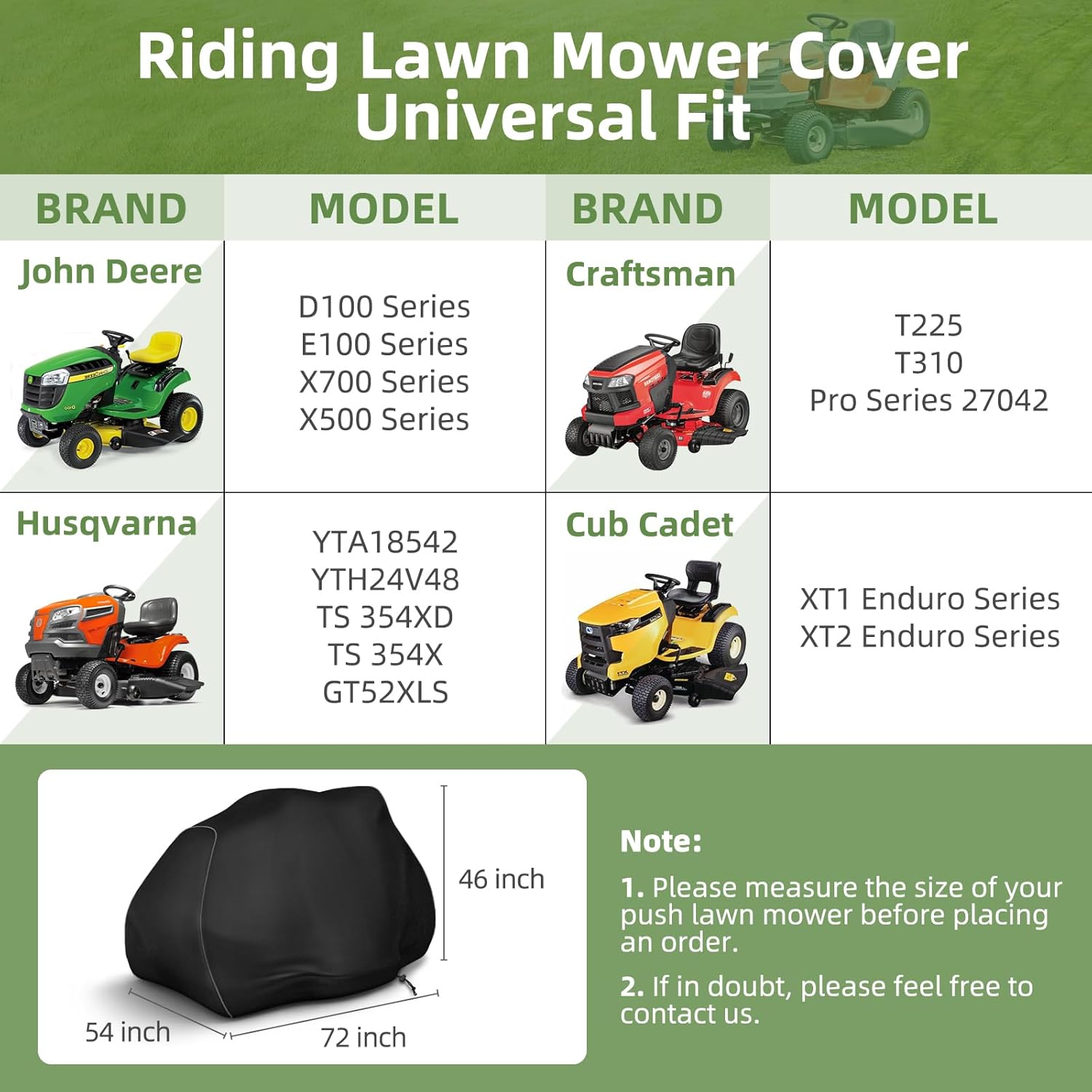 Riding Lawn Mower Cover, 600D UV & Dust & Water Resistant (72"L x 54"W x 46"H/Black)